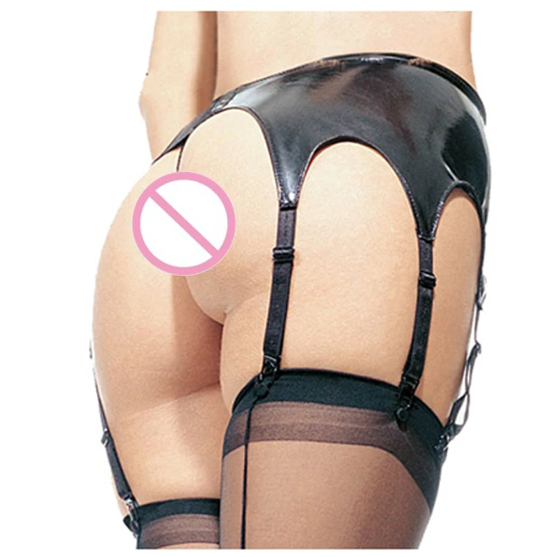 

Wonder Beauty Garters Women Black Sexy Faux Leather Latex Garter Belt Suspender Set for Stockings Clubwear 6 Strap Garter -D