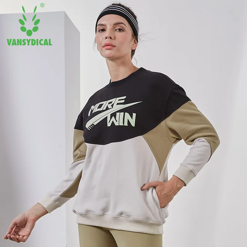 Vansydical, осенне-зимний спортивный свитер, женские топы для спортзала, бега, йоги, с длинным рукавом, хлопок, сплайсированные, для фитнеса, тренировки, пуловеры