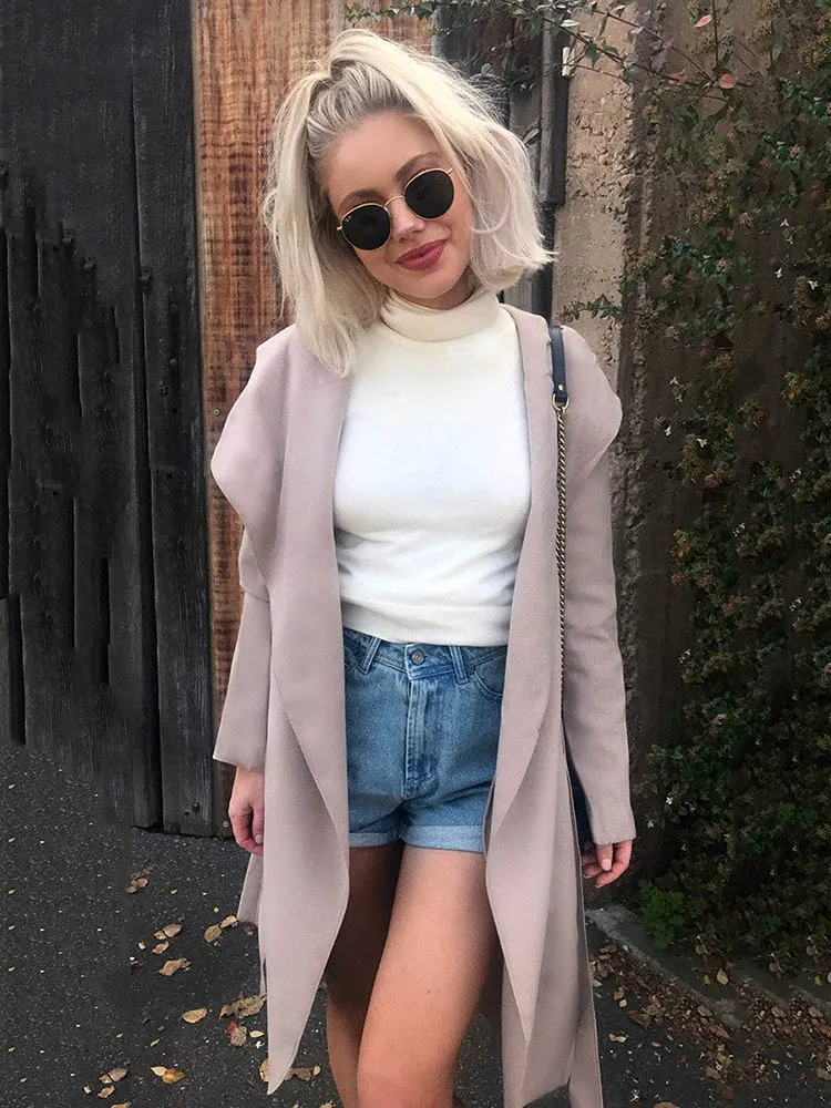 Solid Casual Autumn Trench Coat For Women Plus Size New Elegant Sexy European Fashion Full Trend Polish Slim Turn-down Collar