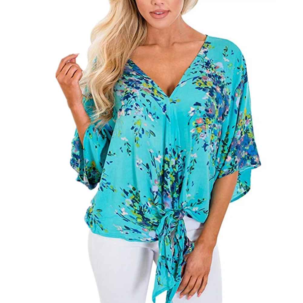 Women Floral Printed Blouse Female Tie Knot Soft Daily Tops Batwing Sleeve V Neck Top Elegant Summer Loose Chiffon Dating Autumn