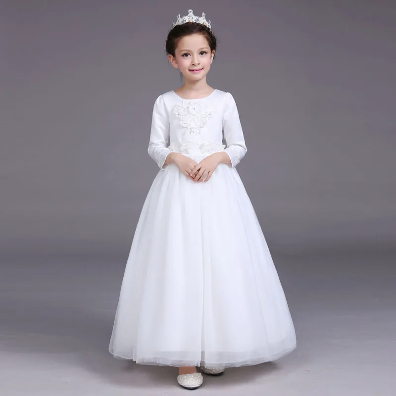 Elegant Autumn Winter White Long Sleeves Appliques Flower Girls Party Dress Kids Baby Teenager