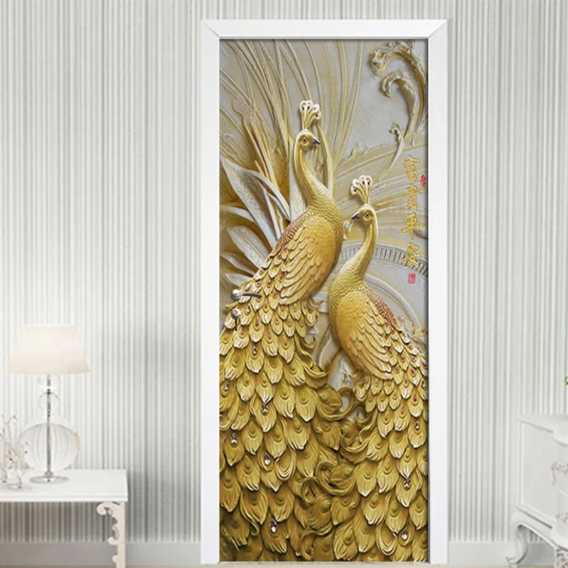 

Door Sticker Modern Embossed Golden Peacock Wallpaper Living Room Bedroom Home Decor Wall Decals PVC Self-Adhesive Wall Stickers