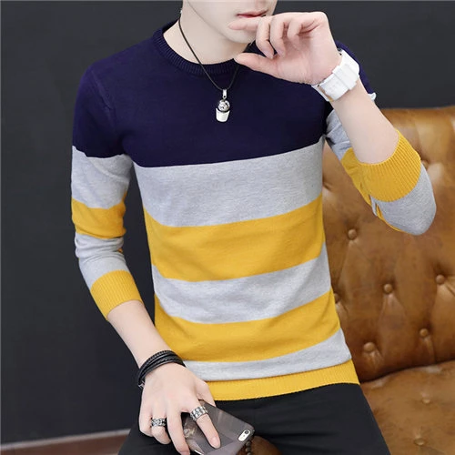 YUNY Men Loose-Fit Crew-Neck Blouse Striped Knit Pullover Sweater Black L 