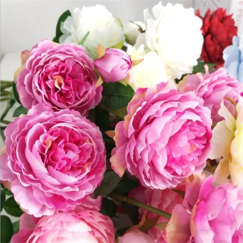 Flone 3 Heads European Style Elegant Artificial Peony Flowers Simulation Silk Flowers Branch Wedding Home Party Decoration  (7)