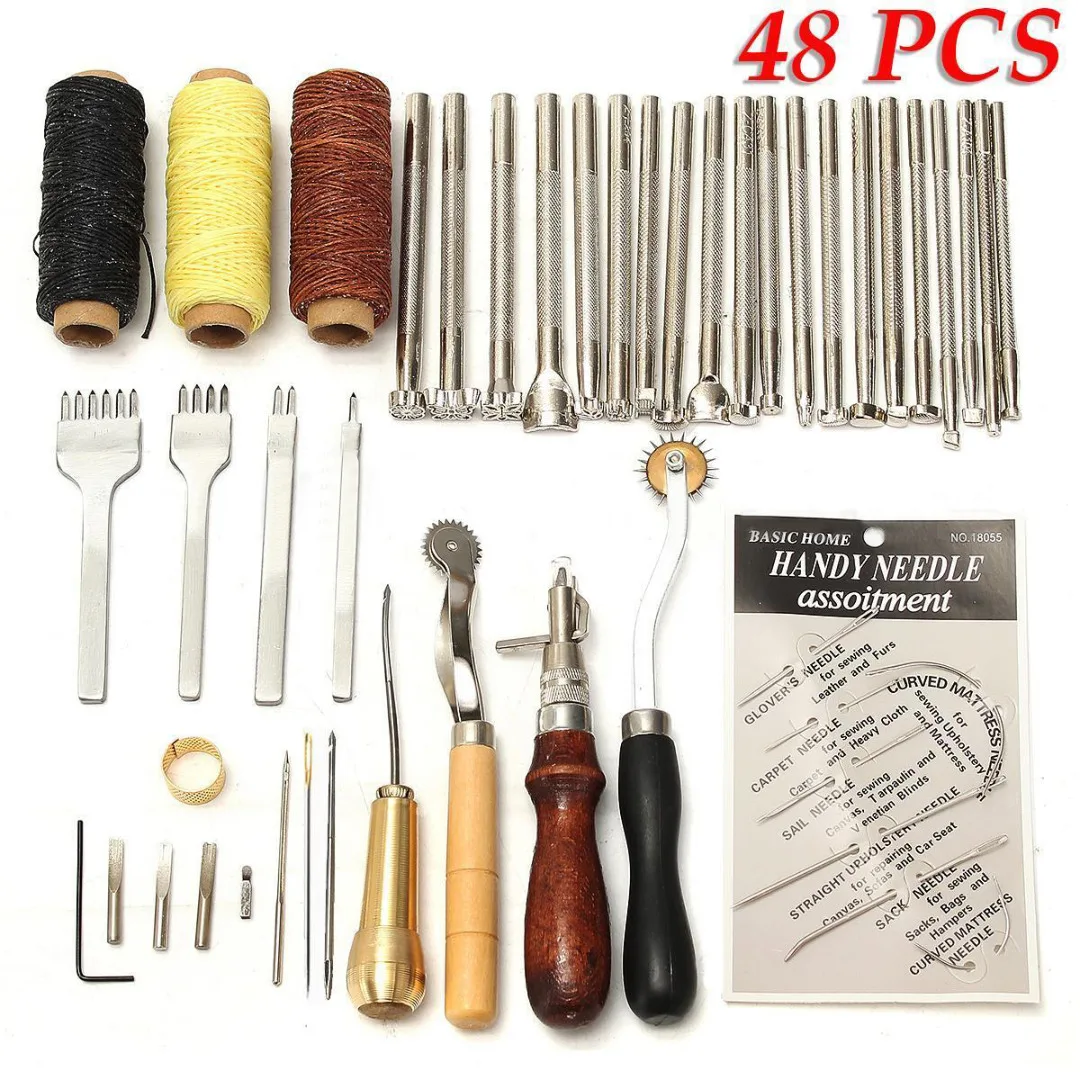 JX-LCLYL 48pcs Leather Craft Hand Tool Kit Sewing Stitching Thread Punch Groover Awl Set