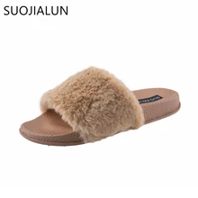 SUOJIALUN Women Fur Slippers Fashion Spring Summer Autumn Plush Slippers Fluffy Fur Slides Flip Flops Flat Shoes