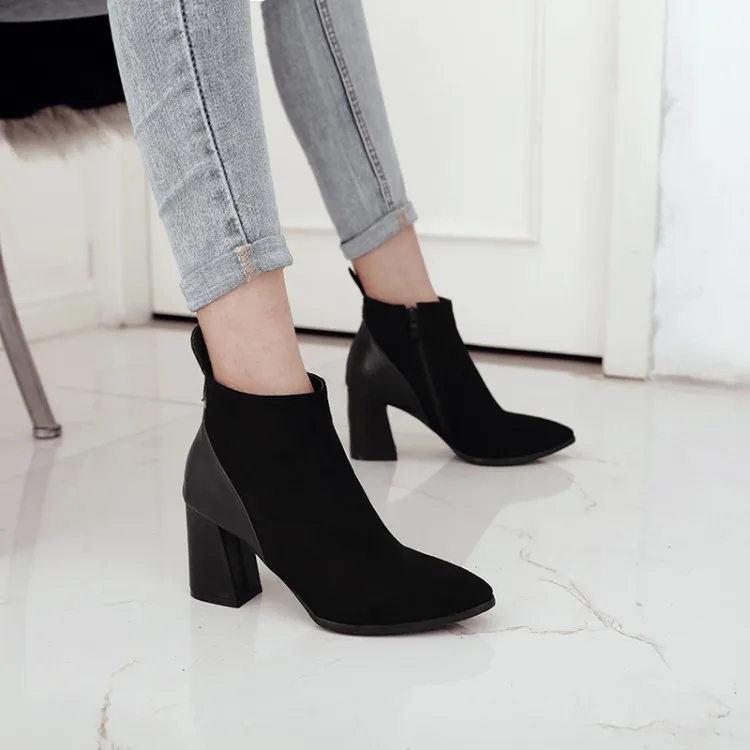 

Big Size 11 12 13 14 15 16 High heel side zipper with pointed thick heel and color matching square heel Knight boots