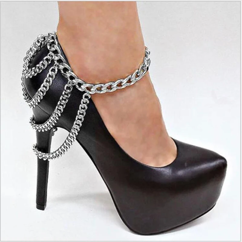black heels with silver chain