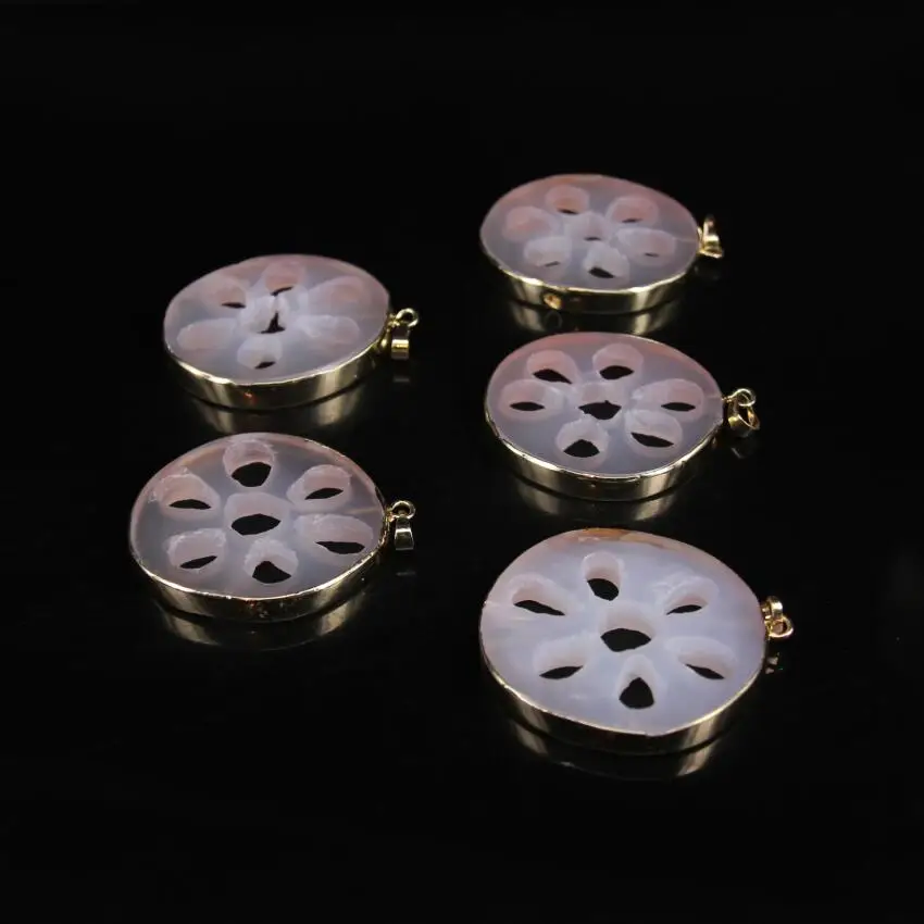 

5pcs/lot,Natural White Agates Lotus Root Pendant,Gold edged Raw Agates Flat Slab Charms Gems,Slice Druzy stone Jewelry supplies