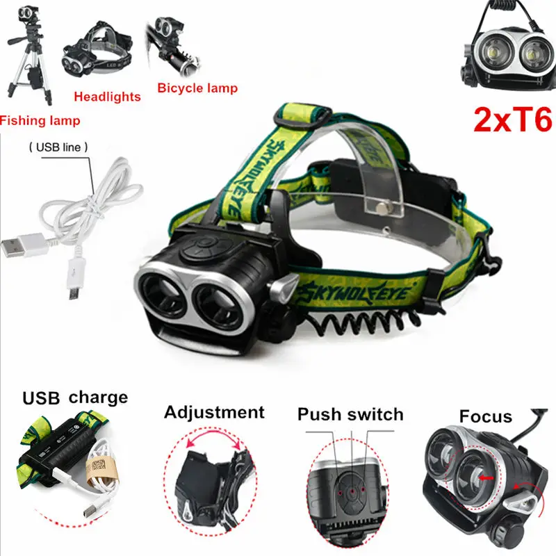 

4000Lm 2x Zoom XM-L T6 LED Headlamp Headlight 2T6 Head Light Torch Camping Hunting Head lamp For 2* 18650 Battery