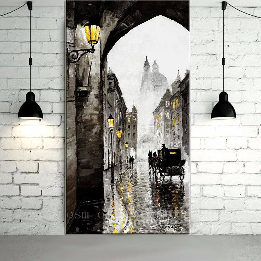 

Handpainting Abstract White and Black Color Europe Style Streetscape Wall Artwork Horse Carriage Knife Oil Paainting on Canvas