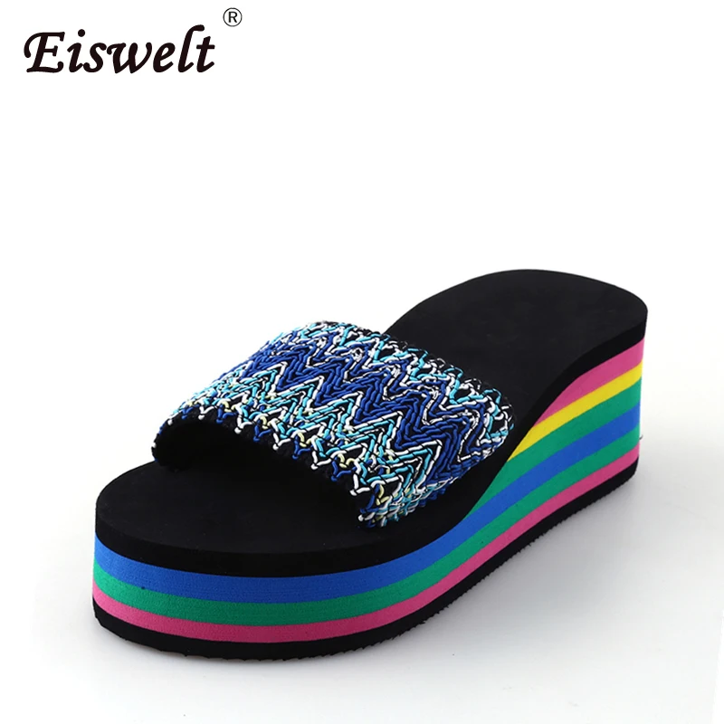 Women Slippers Summer Fashion Rainbow Slides Slippers Home Shoes Wedge Heels Beach Shoeshome