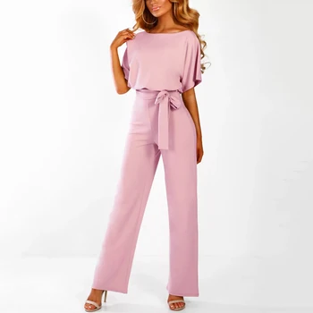 

Women Short Sleeve Wide Leg Loose Solid Color Jumpsuit for Summer Cocktail Party JL