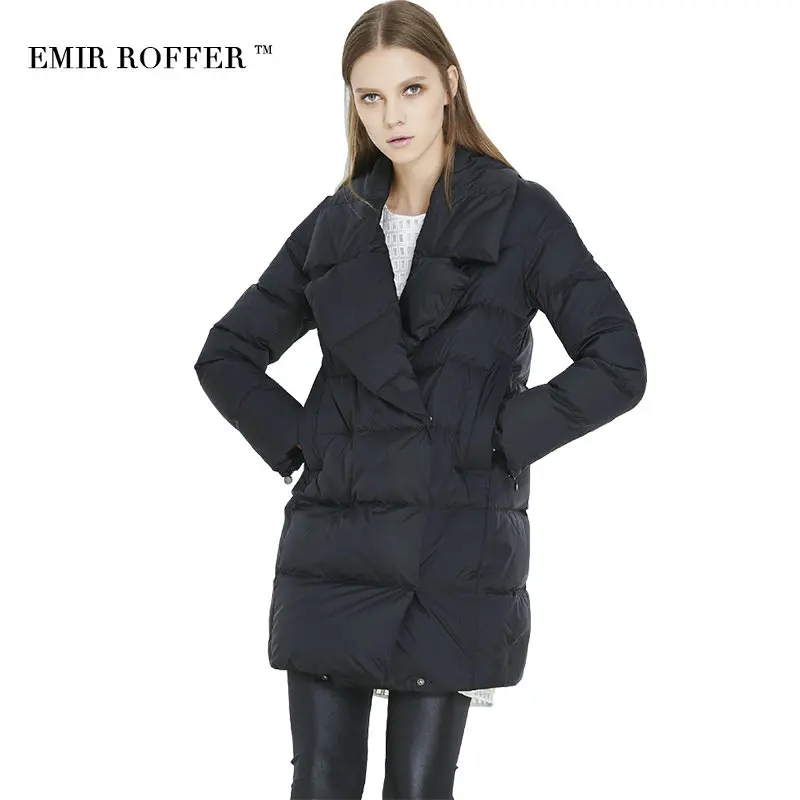EMIR ROFFER Winter Women's down jacket Coat Female Turn Down Collar Solid Black Medium Long Parka Femme Outwear Large Size