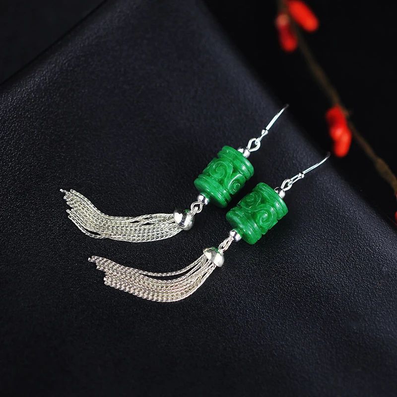 Женские серьги с длинной кисточкой натуральный нефрит ювелирные подарки ручной работы модные женские серьги серьги для женщин E234
