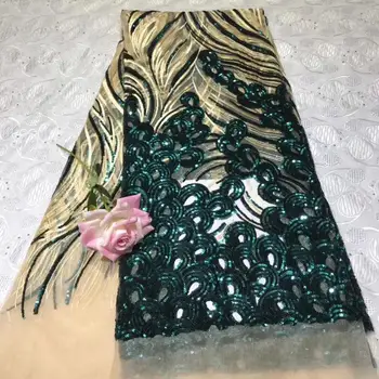 

2020 Wholesale luxury quality African chiffon lace fabric with sequins 5 yards emerald green sequins lace fabric YYZ213
