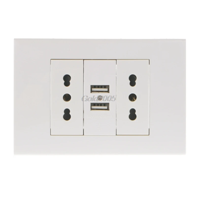 

16A Wall Double Italian/Chile Plug Power Socket Adapter Dual USB Ports Panel 5V 1A G07 Drop ship