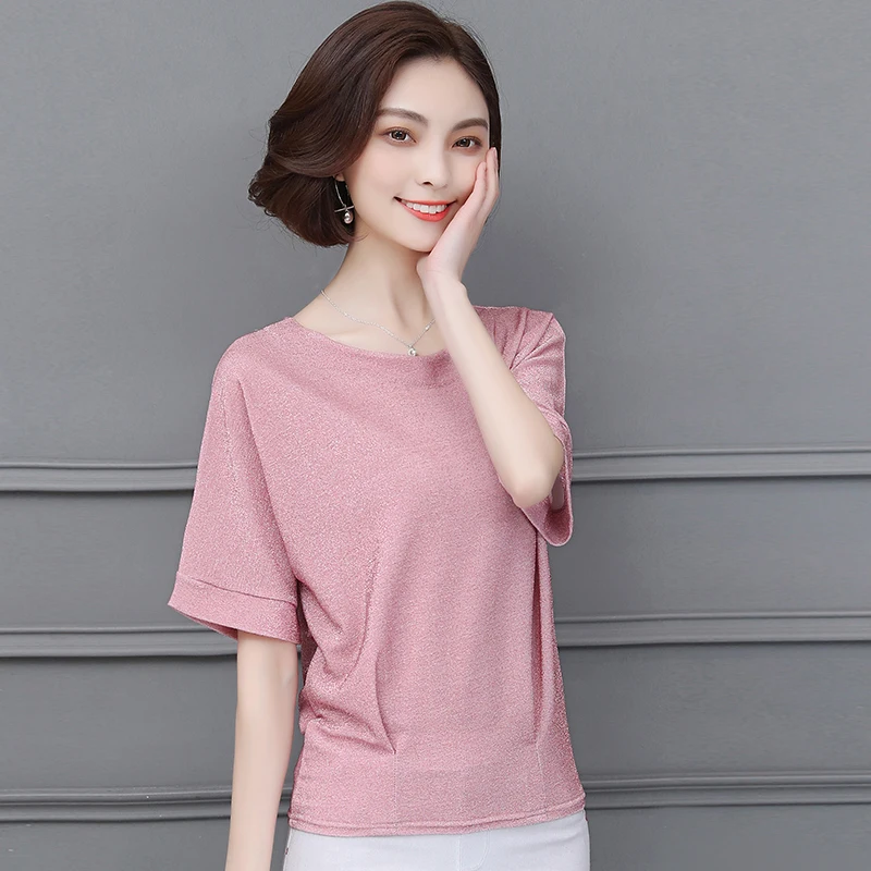 Блестящая блуза с блестками Женская Туника модные женские блузки летние женские топы и блузки размера плюс рукав летучая мышь рубашки M-4XL - Цвет: Pink