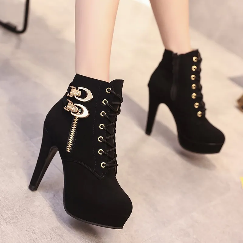 

SLHJC Women Boots High Stiletto Heels Platform Pumps Leather Boots Side Zip Lace Up Plus Size Autumn Elevator Martin Shoes