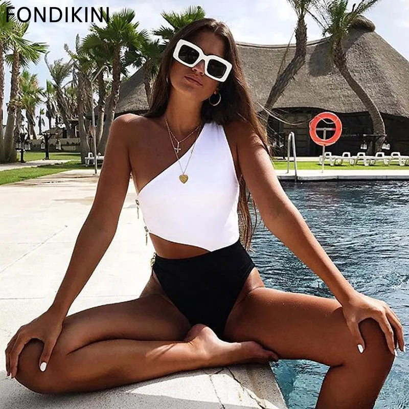 

Zipper One Piece Swimsuit 2019 Sexy Hollow Cut Swimwear Women Push Up Monokini One Shoulder Bathing Suit Swim Wear Female