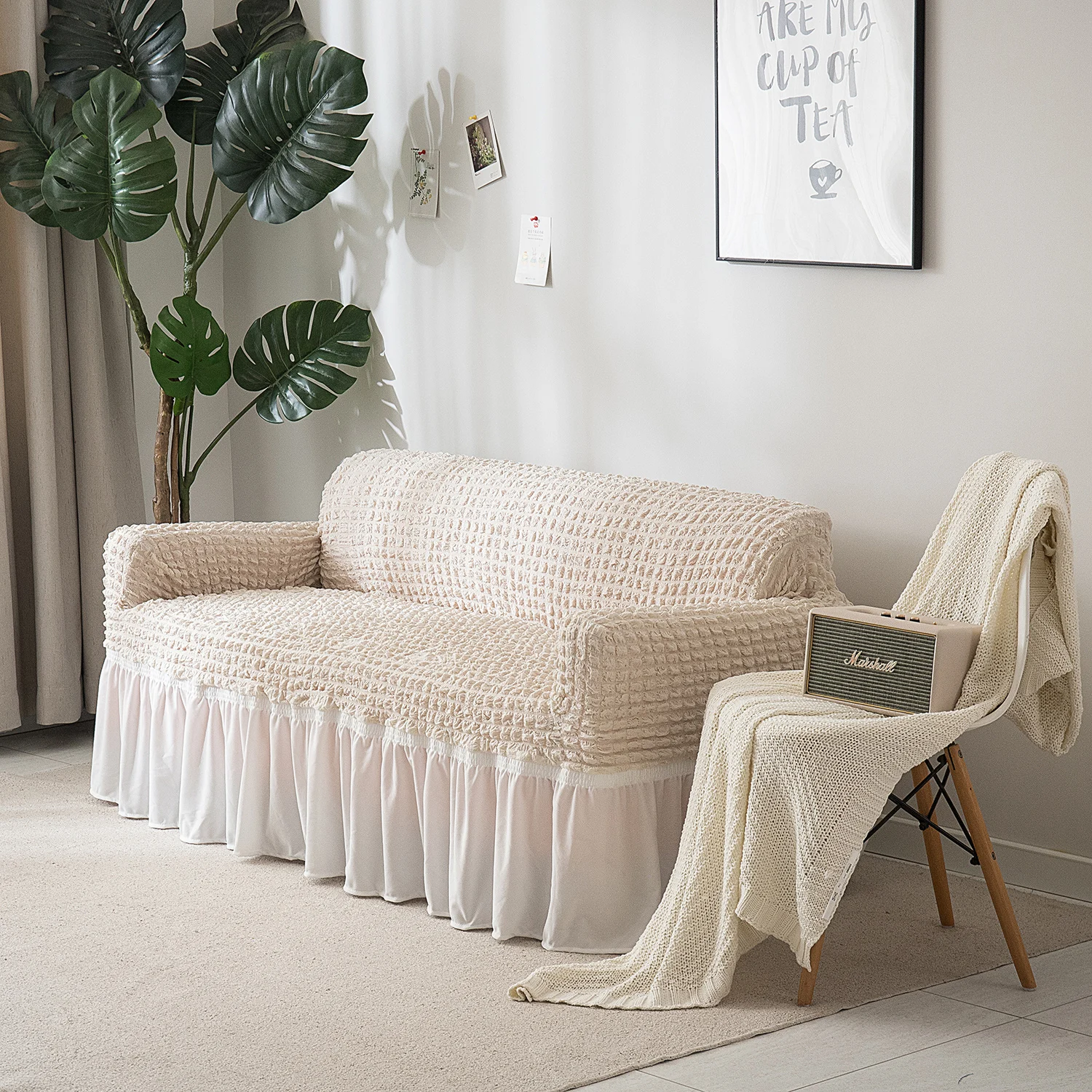 Роскошный диван крышка 3D попкорн Стиль Чехол Высокая эластичность универсальный мебель диван протектор с юбка бежевый