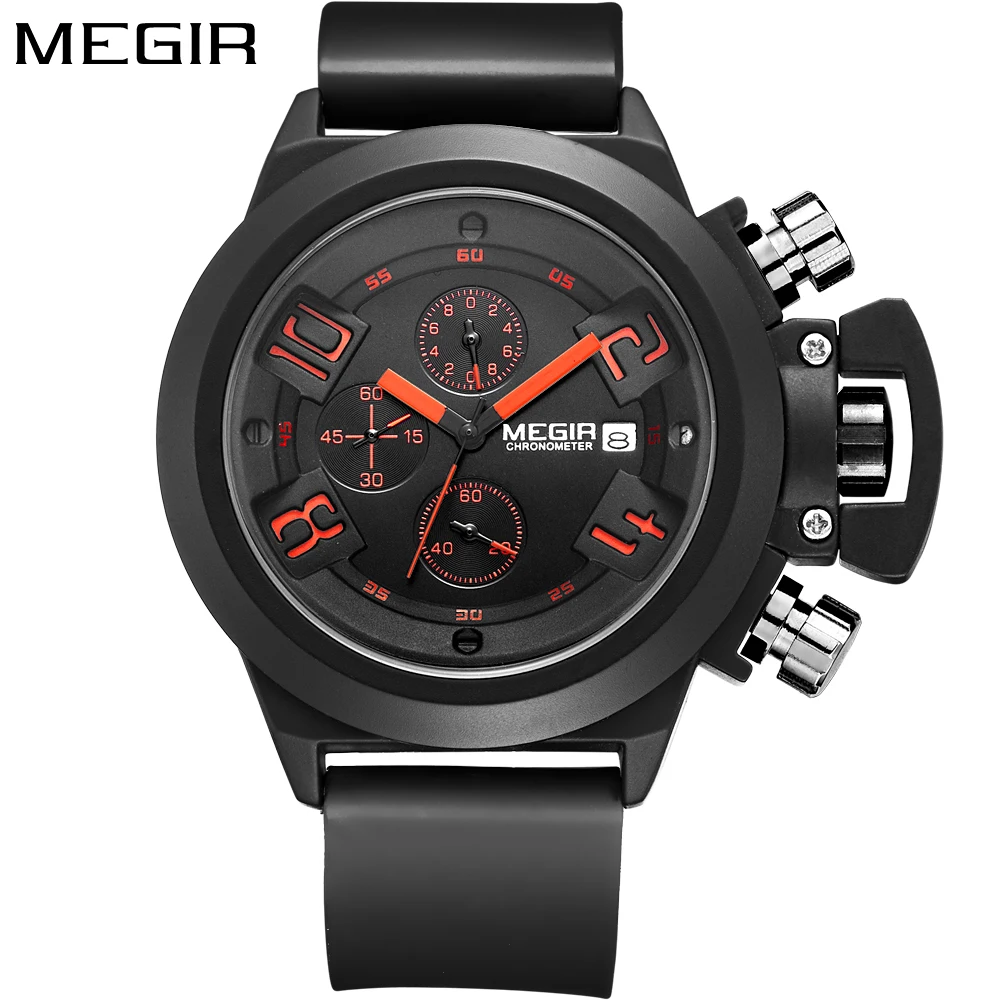 

Megir Luxury Brand Sport Chronograph Fashion Casual Black Watch men Silicone Band Quartz Clock Wrist Watch For Men reloj hombre