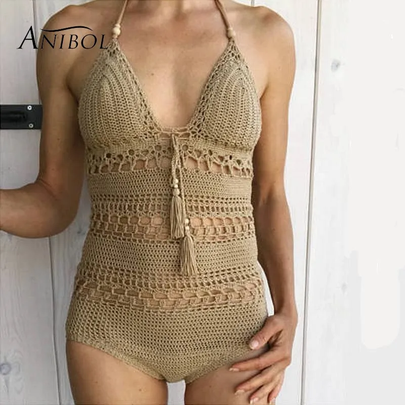 

Anibol One Piece Crochet Swimsuit 2018 Sexy Women Swimwear Hand Knitted Triangle Monokini One-piece Backless Bathing Suit