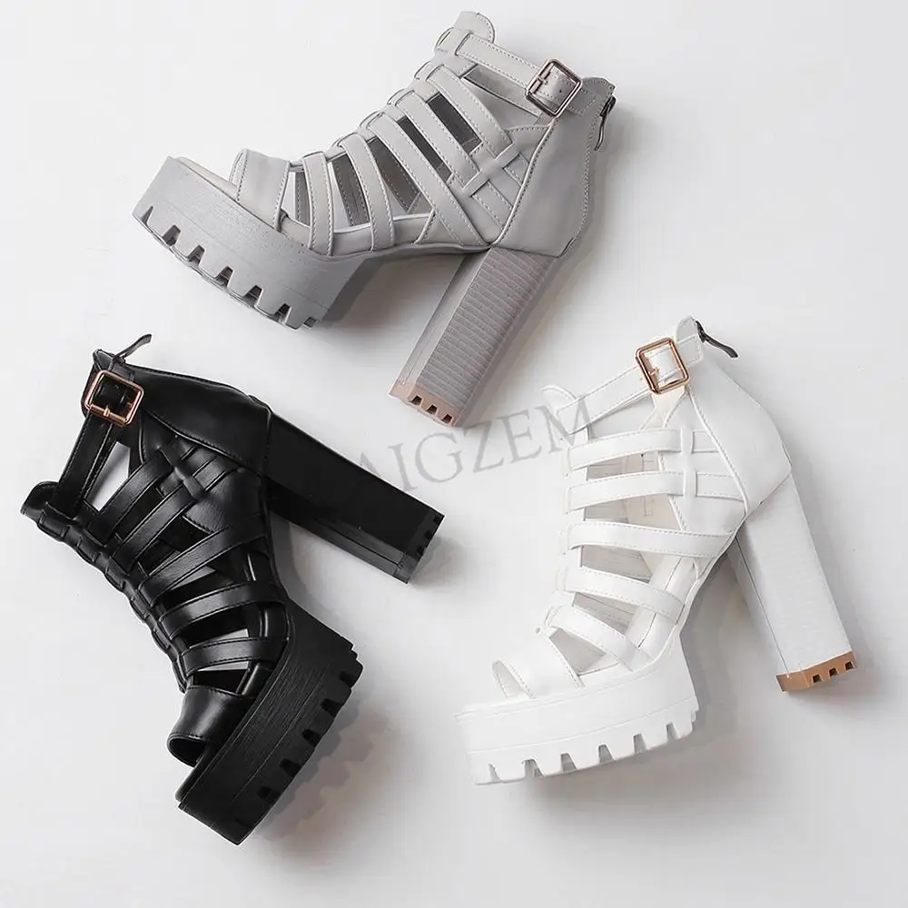 LAIGZEM FASHION Women Sandals Chunky Heels Sandals Straps Back Zipper Faux Leather Ladies Shoes Summer Woman Big Size 33-45 (8)