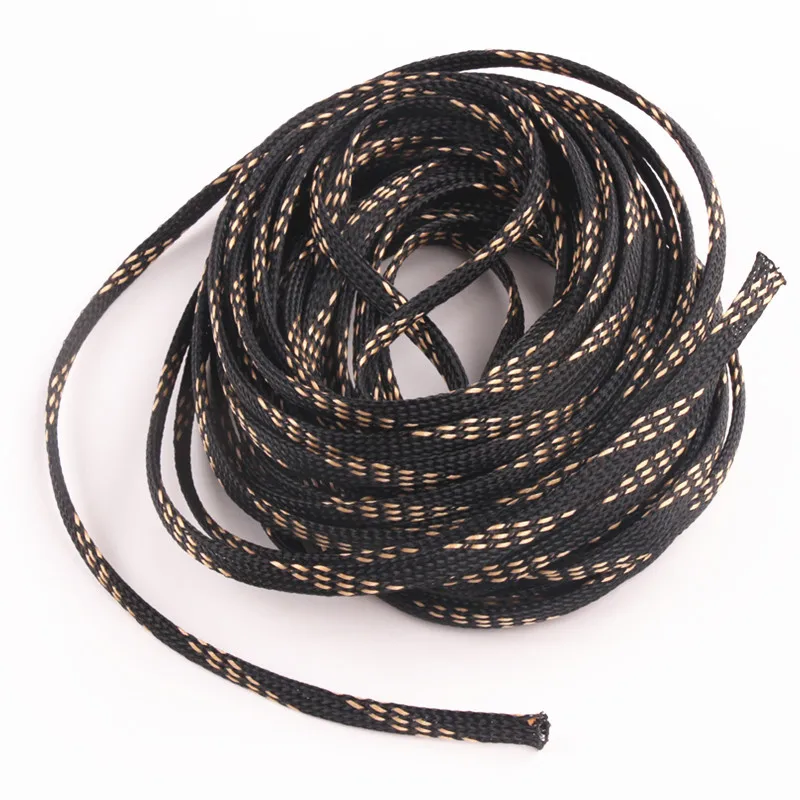 10M 6mm Braided Cable Sleeves Black+Gold PET Tight Expandable Sleeve Wire Gland Protection High Density Insulation | Обустройство
