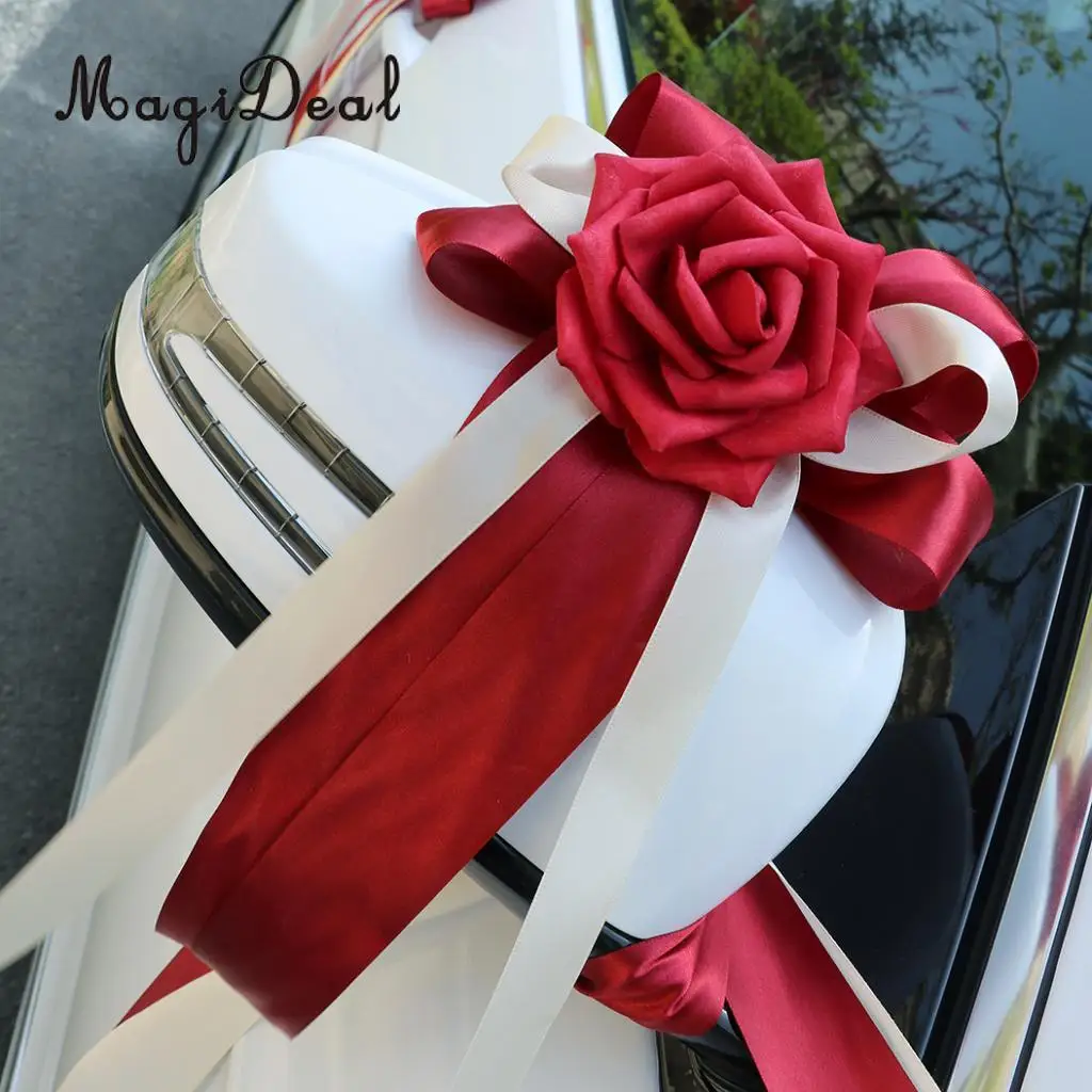 MagiDeal 12pcs/Set Wedding Car Decorations Kit DIY Artificial Silk Flower Ribbon Bows Car Roof Door Mirror Wedding Supplier
