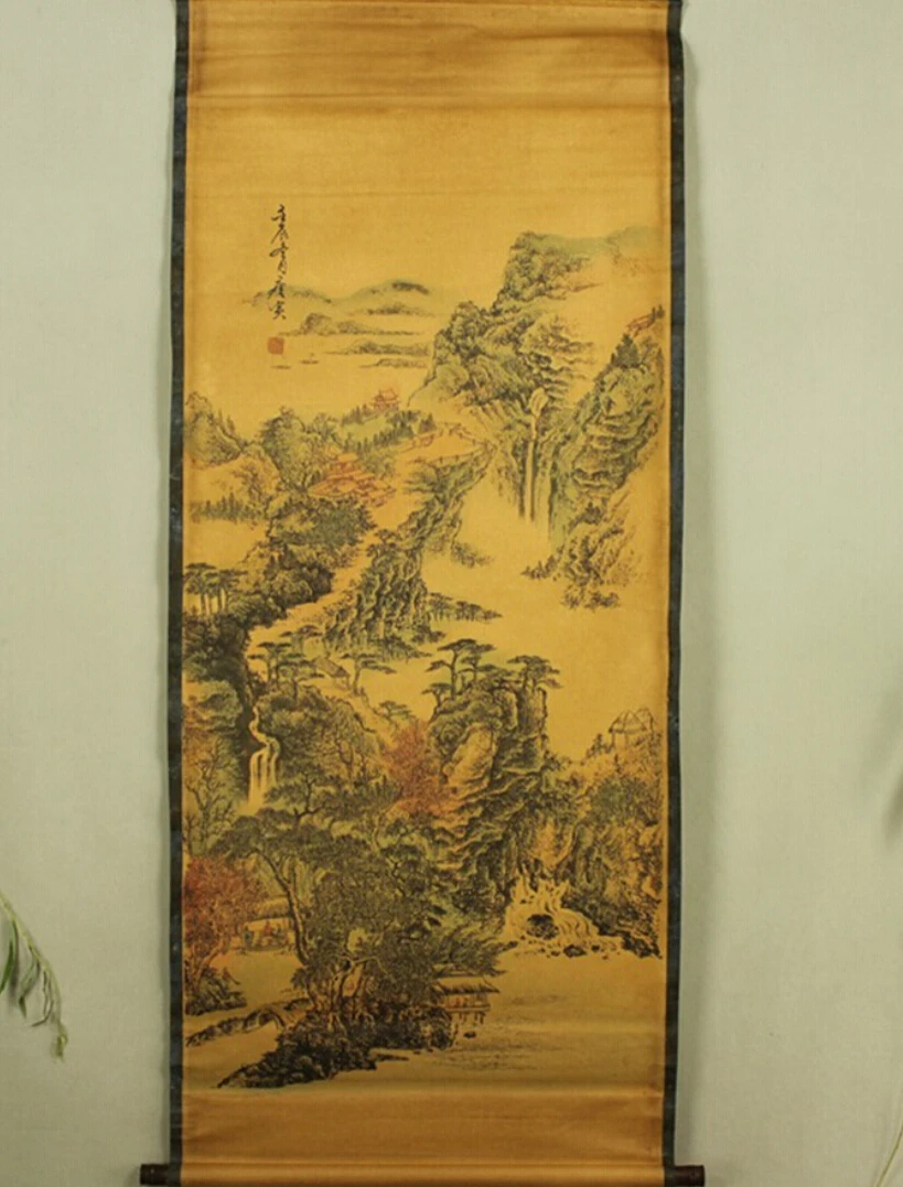 

Antique painting traditional Chinese Tang Bohu mountain autumn landscape painting scroll painting,old paper painting