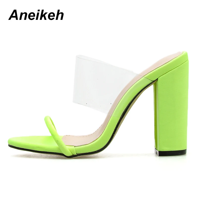 Aneikeh ПВХ Гладиатор Летние модные женские тапочки прозрачный мелкий квадратный каблук Женская обувь носить для снаружи - Цвет: Green