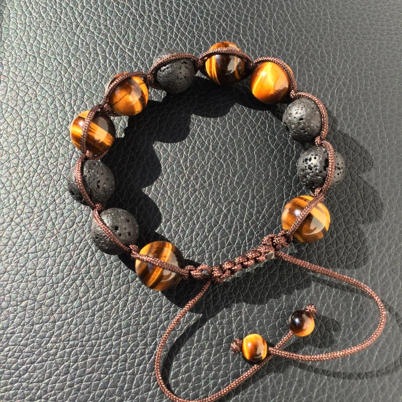 Mcllroy Brand Men Bracelets,12mm Lava Rock Stone Bead & Tiger Eye Stone Charms Braiding Weave Adjustable Bracelet For Women Men