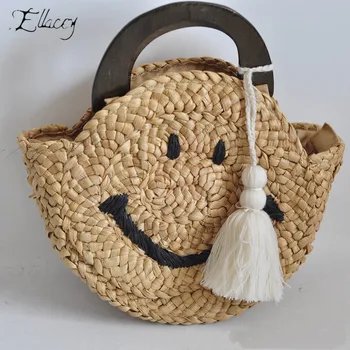 

Summer Travel Round Straw Bag Smile Face Tassel Beach Bag Wood Handle Women Woven Bag Casual Ladies Corn Husk Knitting Tote Bag