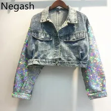 Negash панк стиль блёстки jaqueta джинсовая куртка короткий бренд женское рок джинсовое пальто chaquetas de mezclilla mujeres mori girl
