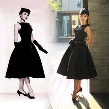 30-verano Mujer vintage 50s Audrey Hepburn estilo swing pequeño negro vestido de talla grande vestidos clásicos jurken