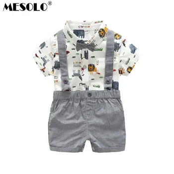 

MESOLO Male children's summer two-piece Korean cartoon animal short-sleeved shirt shirt + casual strap shorts suit