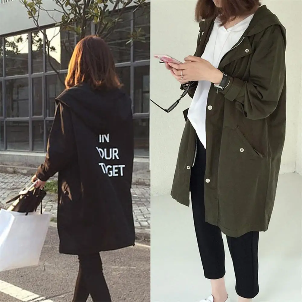 

Women Autumn Windbreaker Fashion Loose Type Jacket Outwear Letter Printed Long Style Female Jacket Coat With Zipper Coat