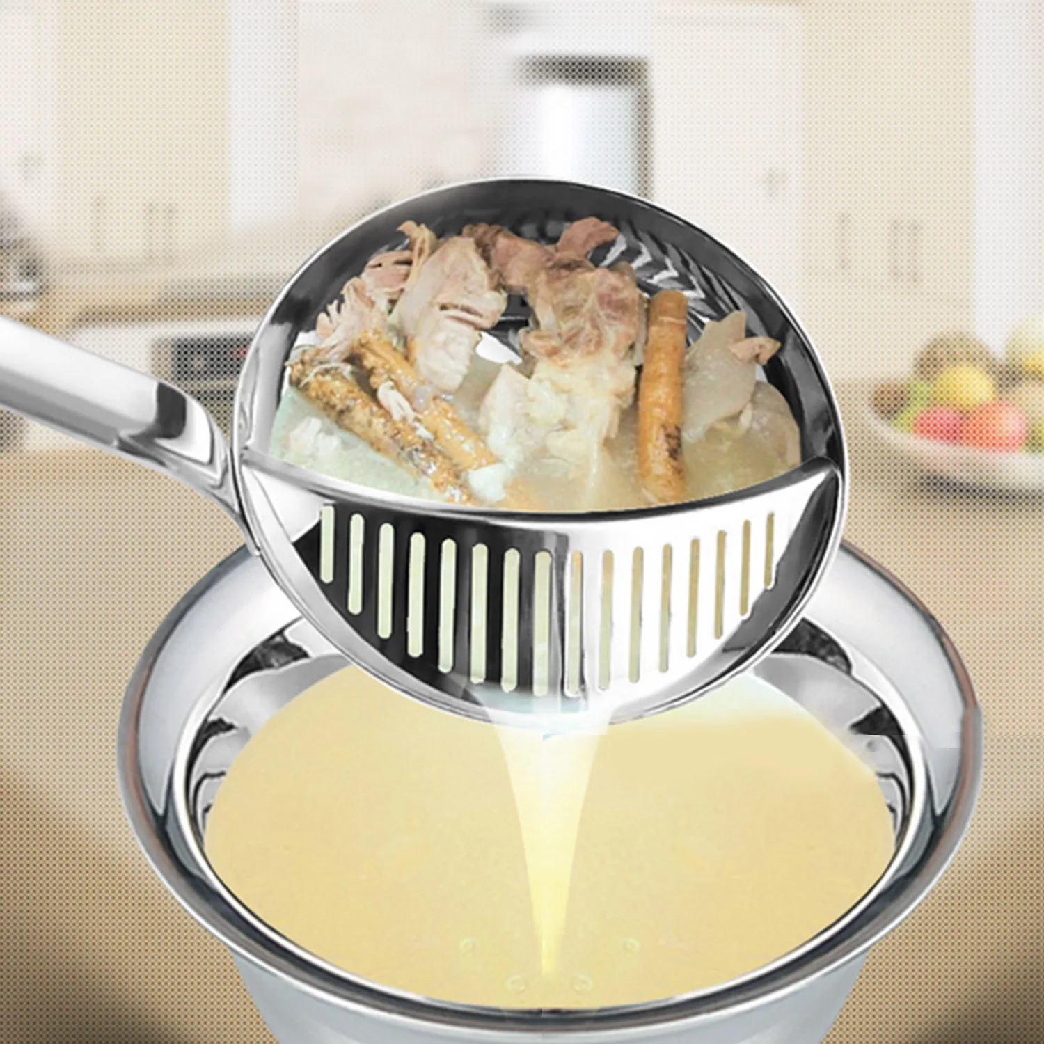 Behokic Stainless Steel Kitchen Utensil Long Handle Soup Slotted Ladle Spoon Tool with