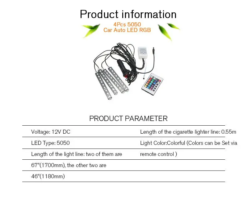 ISincer автомобильные RGB Светодиодные полосы 4*9 шт SMD 5050 10 Вт Автомобильные декоративные атмосферные полосы, автомобильный напольный светильник с дистанционным управлением