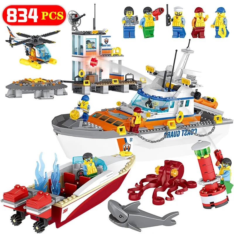 

NEW Coast Guard Head Quarters Boat Helicopter Building Blocks Compatible Legoed City Police Station Ship Bricks Sets Kids Toys