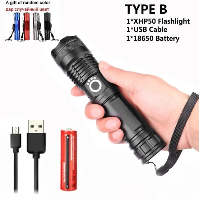 Yunmai 80000LMs Powerful LED Flashlight XHP70 XHP50 Rechargeable USB Zoom Torch XHP70.2 18650 26650 Self Defense Hunting Lamp - Emitting Color: B