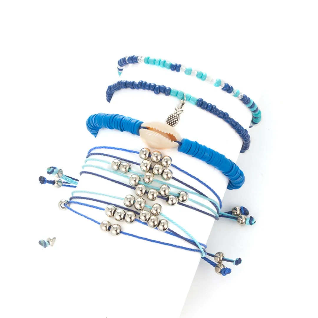 Boho Bangle Dolphin Pineapple Shell Bracelet for Women Fashion Mini Beads Rope Braided Bracelet Set Summer Bohemia Jewelry