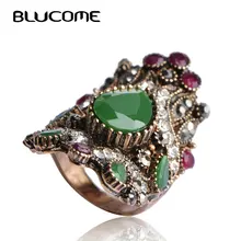 Blucome Vintage Big Resin Rings For Women Green Turkish Jewelry Bijuterias Engagement Ring Anel Aneis Finger Party Accessories