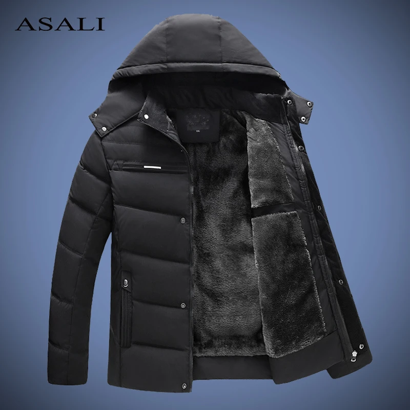 ASALI Winter Coat Men Thick Warm Windproof Mens Parka Coats Hat Detachable Hooded Jackets Men's Sportswear Fleece Overcoat Male