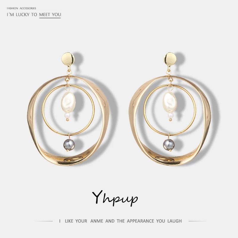 

Yhpup Hyperbole Grometric Round Statement Dangle Earrings Trendy Punk Simulated Pearl Large Metal Drop Earrings Boucle D'oreille