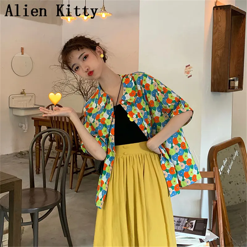 

Alien Kitty Sweet Korea 2019 Summer Short Sleeves Fresh Print High Quality Floral New Arrival Simple Hot Casual Free Shirt