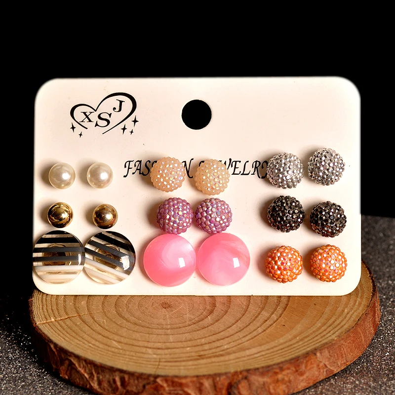 

New fashion women jewelry wholesale girls birthday party pink stud white black mashup 6 pairs /set earrings gift free shipping