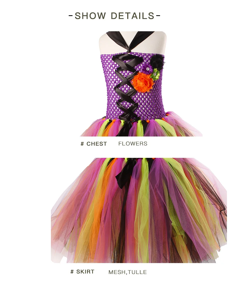 Girls Witch Tutu Dress with Mask Rainbow Style Kids Halloween Costumes Tulle Flower Baby Girl Fancy Carnival Party Tutu Dresses (10)
