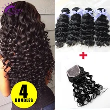 Virgin Peruvian Hair Deep Wave 4 Bundles with Lace Closure Hair Weaves Unprocessed Human Hair Extensions
